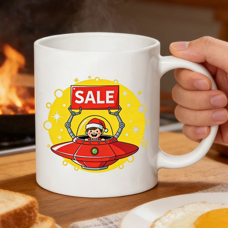 Tailorly White Ceramic 11 oz Mug - Sale Festive Boy In Red Flying Saucer Under Bright Yellow Background Spaceship