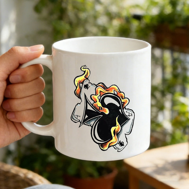 Tailorly White Ceramic 11 oz Mug - Flaming Ace Of Spades Surrounded By Vibrant Yellow And Orange Flickering Fire Ace Of Spades