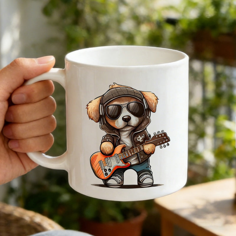Tailorly White Ceramic 11 oz Mug - Stylized Cartoon Puppy With Sunglasses And Headphones Playing Electric Guitar Dog