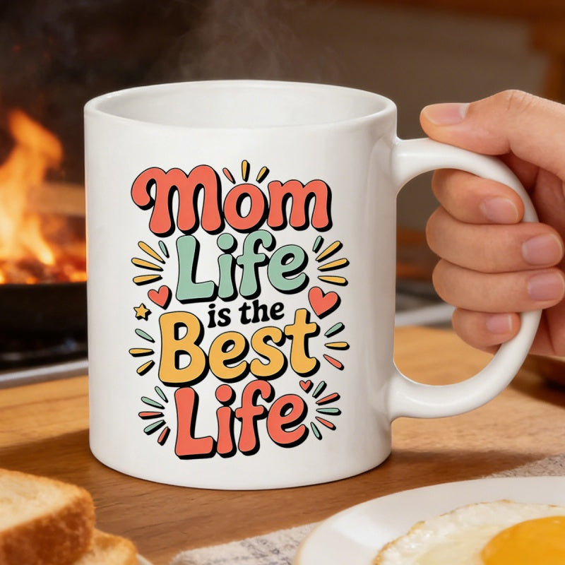 Tailorly White Ceramic 11 oz Mug - Mom Life Is The Best Life Colorful Retro Style Lettering Surrounded By Radiant Sunbeams And Hearts Mug