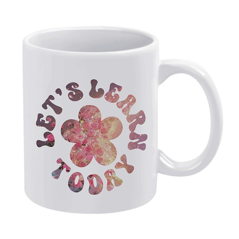 Tailorly White Ceramic 11 oz Mug - Lets Learn Today Five Petal Bloom With Soft Textured Watercolor Pattern And Warm Tones Flower