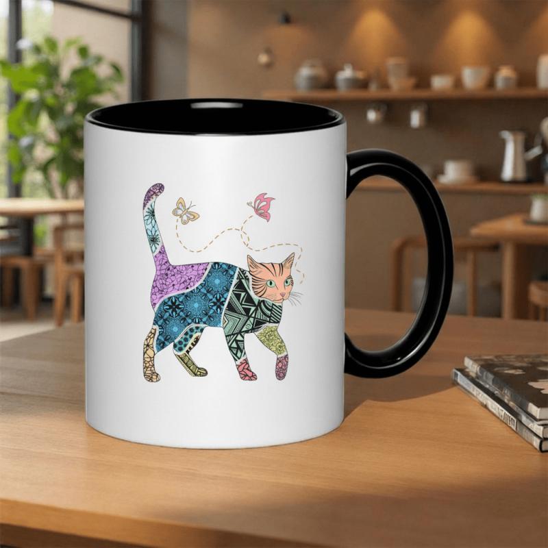 Tailorly Black Accent 11 oz Mug - bohemian cat walking with butterflies