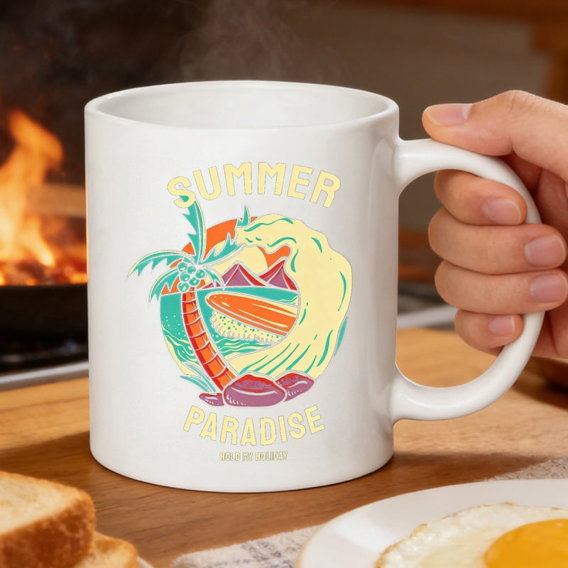 Tailorly White Ceramic 11 oz Mug - Summer Paradise Tropical Palm Trees With Rolling Ocean Waves And Surfing Board Scene