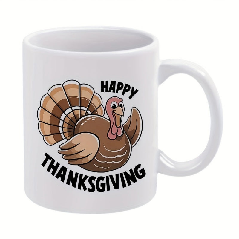 Tailorly White Ceramic 11 oz Mug - Happy Thanksgiving Festive Cartoon Turkey With Large Spread Tail Feathers And Wings Turkey