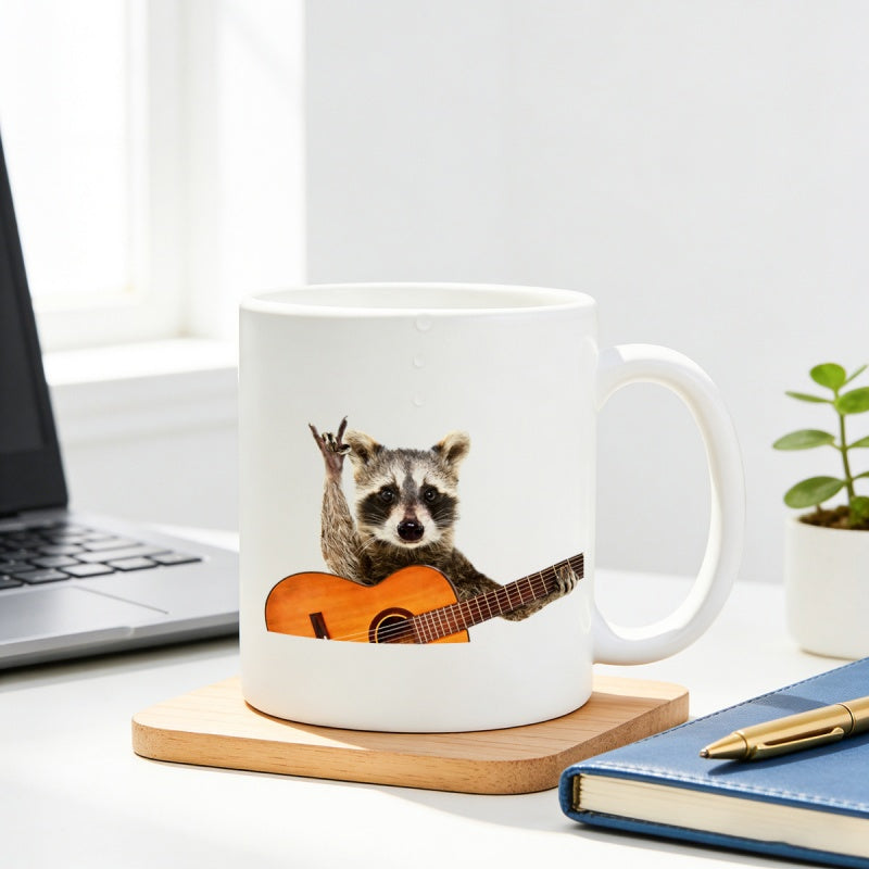 Tailorly White Ceramic 11 oz Mug - Adorable Musical Animal Playing An Acoustic Guitar With Rock Gesture Raccoon
