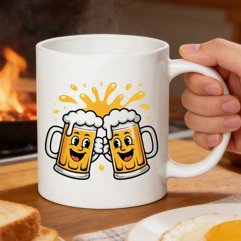 Tailorly White Ceramic 11 oz Mug - Two Smiling Cartoon Beer Mugs Clinking With Splashing Golden Foam Beer Mug