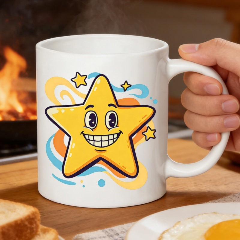 Tailorly White Ceramic 11 oz Mug - Happy Cartoon Star Featuring Radiant Smiles Among Decorative Cosmic Swirling Colorful Star