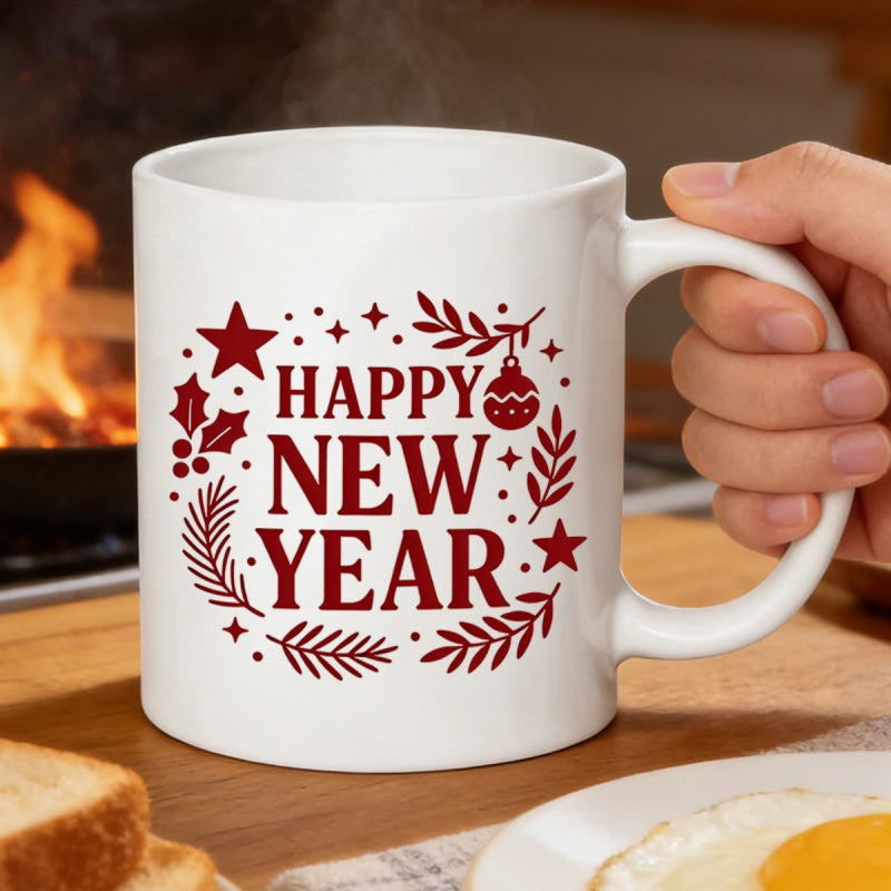 Tailorly White Ceramic 11 oz Mug - Happy New Year Festive Wreath With Stars And Berries Among Delicate Pine Branches And Ornament Mug