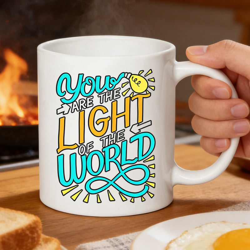 Tailorly White Ceramic 11 oz Mug - You Are The Light Of The World Shining Yellow Light Bulb With Radiant Beams Among Stylized Artistic Typography Design