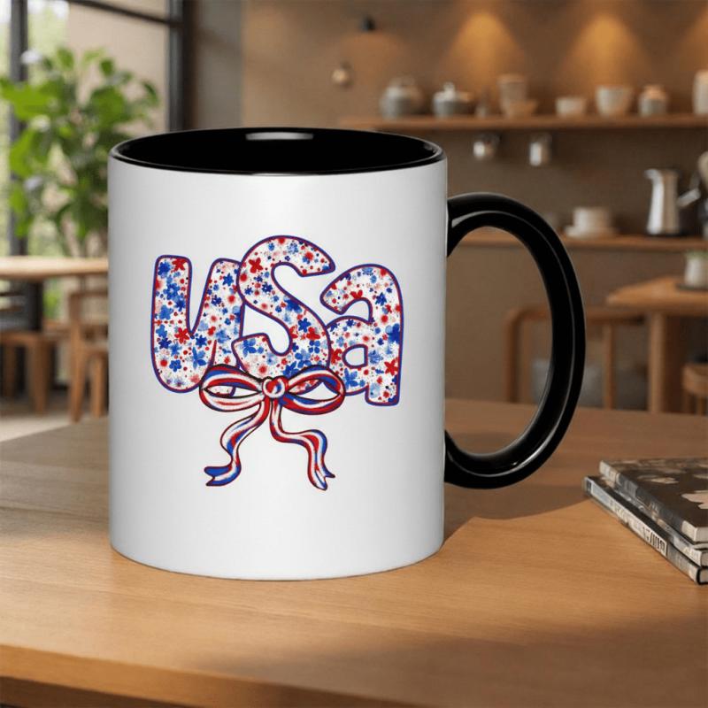 Tailorly Black Accent 11 oz Mug - usa patriotic floral pattern with ribbon