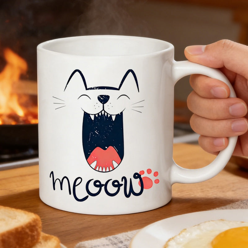 Tailorly White Ceramic 11 oz Mug - Meooow Playful Stylized Screaming Cat Face With Tiny Pink Paw Print Cat