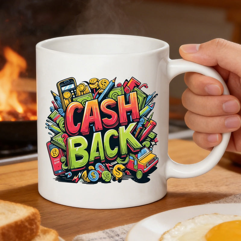 Tailorly White Ceramic 11 oz Mug - Cash Back Vibrant Colorful Money Themed Doodles With Coins And Banknotes Illustration