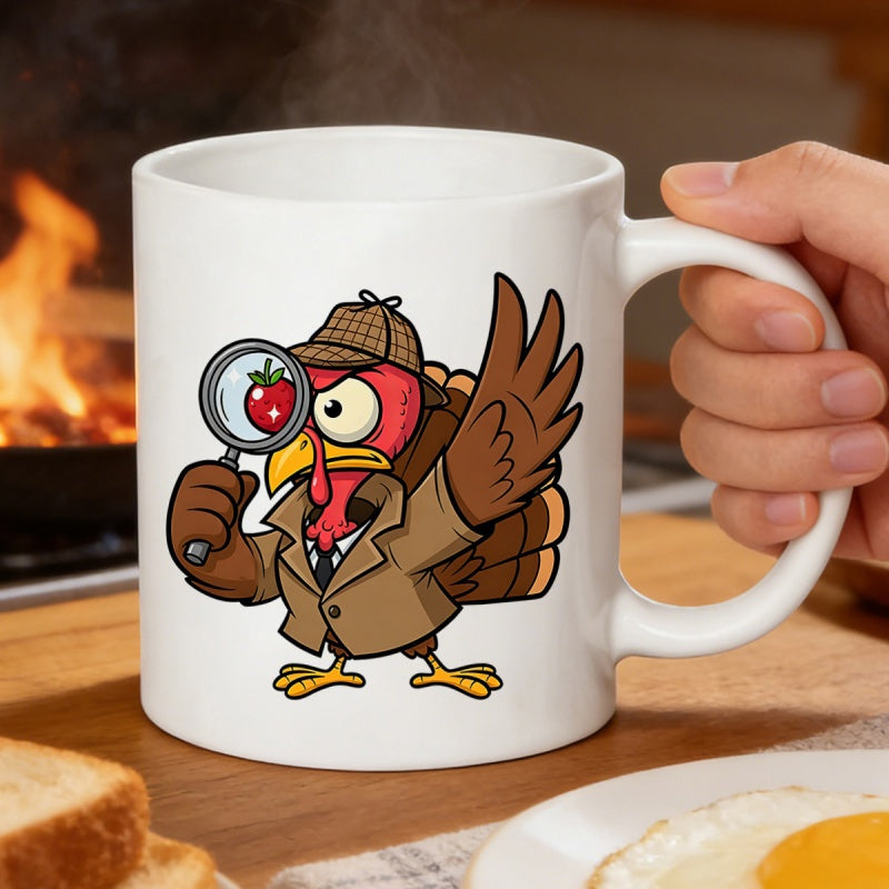 Tailorly White Ceramic 11 oz Mug - Cartoon Detective Wearing Plaid Hat And Trench Coat Holding A Magnifying Glass Turkey