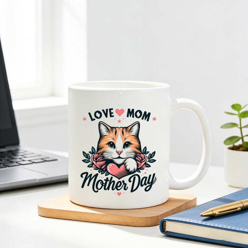 Tailorly White Ceramic 11 oz Mug - Love Mom Mother Day Adorable Orange Feline Surrounded By Pink Flowers And Hearts Cat