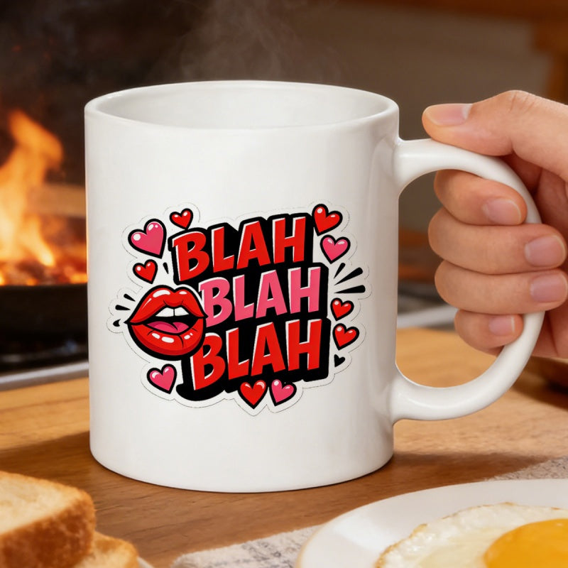 Tailorly White Ceramic 11 oz Mug - Blah Blah Blah Vibrant Pop Art Red Lips Surrounded By Floating Pink Hearts Mug