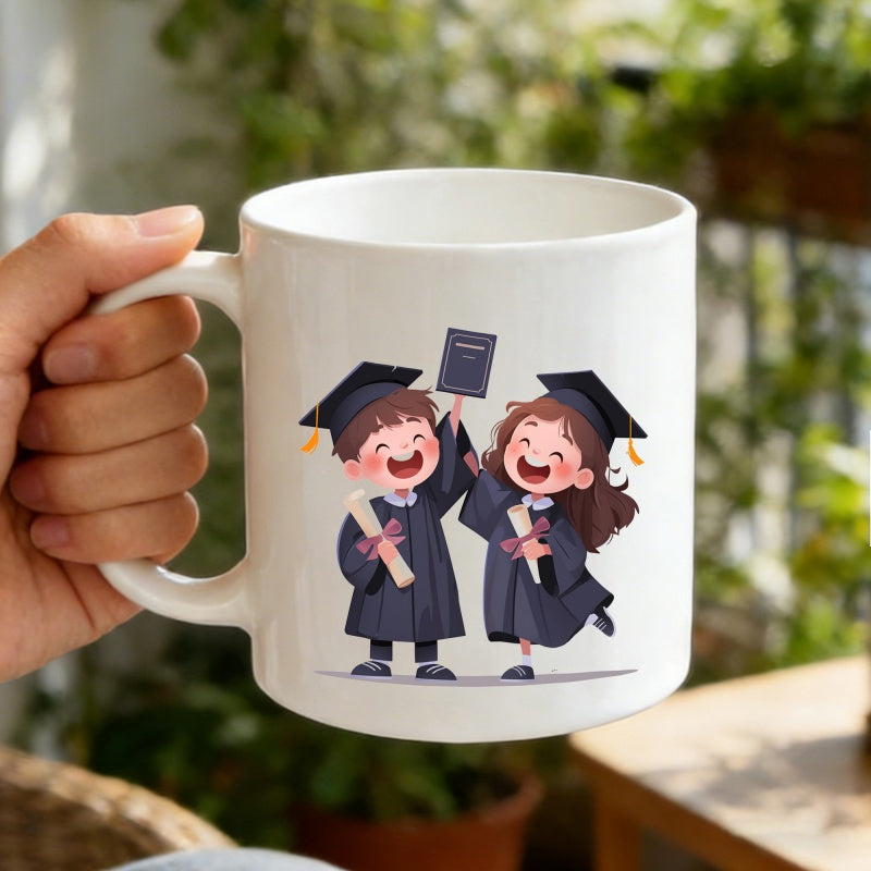 Tailorly White Ceramic 11 oz Mug - Joyful Cartoon Children Wearing Black Graduation Gowns And Mortarboards Holding Diplomas Graduates