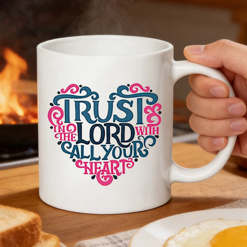 Tailorly White Ceramic 11 oz Mug - Trust In The Lord With All Your Heart Artistically Arranged Decorative Swirls Forming A Symbolic Devotional Heart