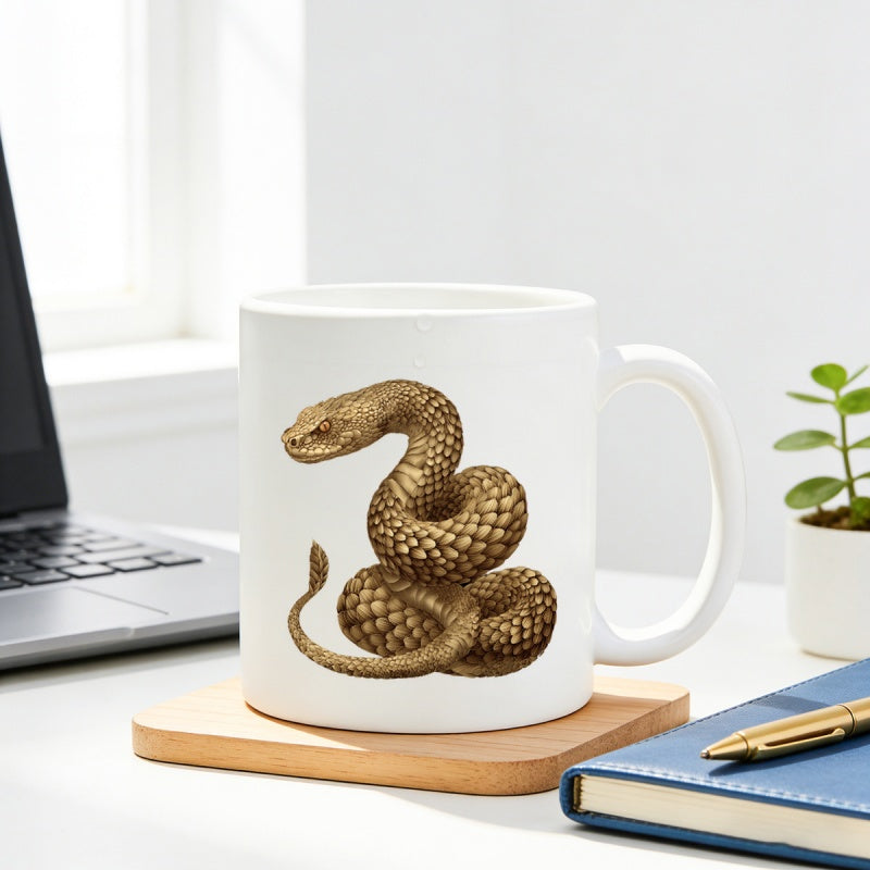 Tailorly White Ceramic 11 oz Mug - Detailed Vintage Illustration Of A Coiled Golden Scales Desert Snake
