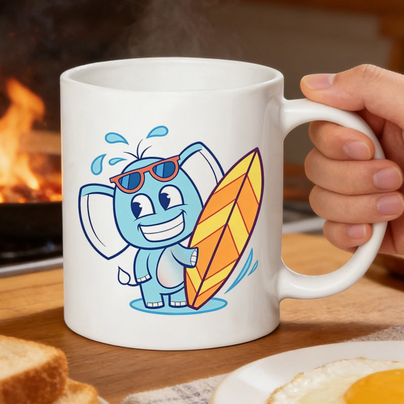 Tailorly White Ceramic 11 oz Mug - Adorable Blue Cartoon Character Wearing Sunglasses And Carrying A Striped Surfboard Elephant