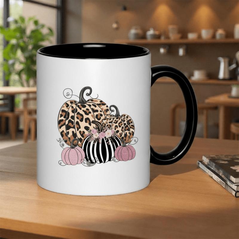 Tailorly Black Accent 11 oz Mug - leopard print pumpkins with flowers
