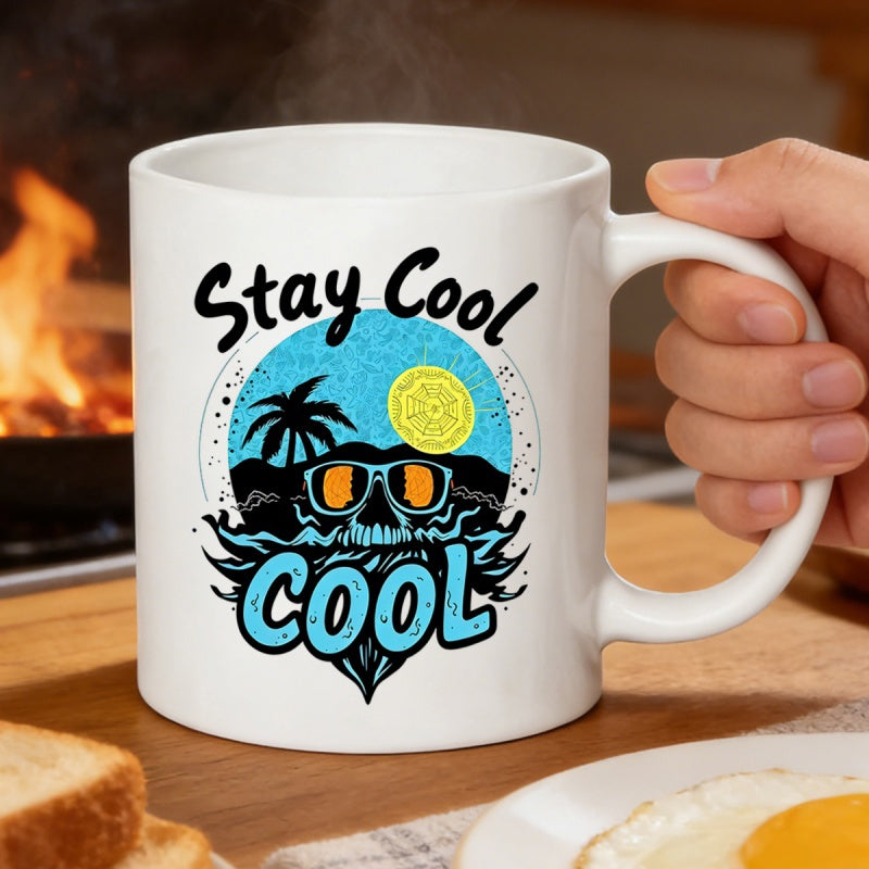 Tailorly White Ceramic 11 oz Mug - Stay Cool Wearing Sunglasses With Palm Trees Under Bright Yellow Tropical Sun Skull