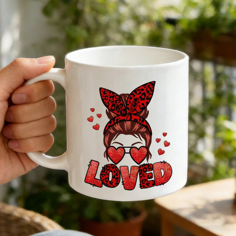 Tailorly White Ceramic 11 oz Mug - Loved Messy Bun Silhouette With Leopard Bow And Red Heart Glasses Girl