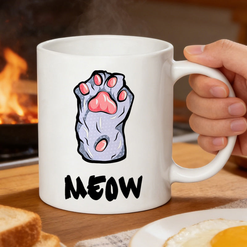 Tailorly White Ceramic 11 oz Mug - Meow Adorable Grey Furry Cat Paw With Pink Beans Reaching Upward Paw