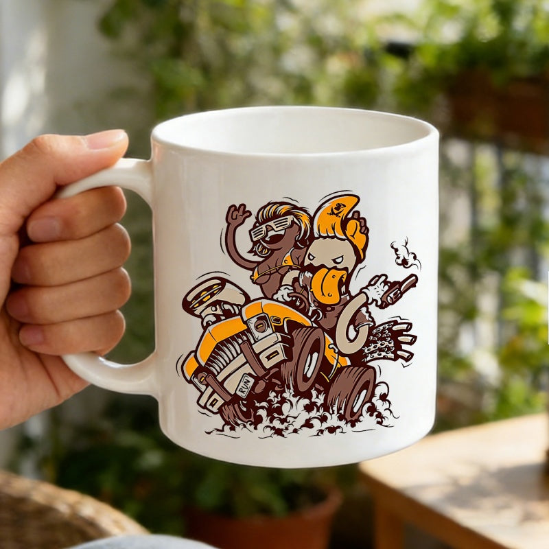 Tailorly White Ceramic 11 oz Mug - Vibrant Yellow Racing Frame Featuring Waving And Screaming Cartoon Characters Hot Rod