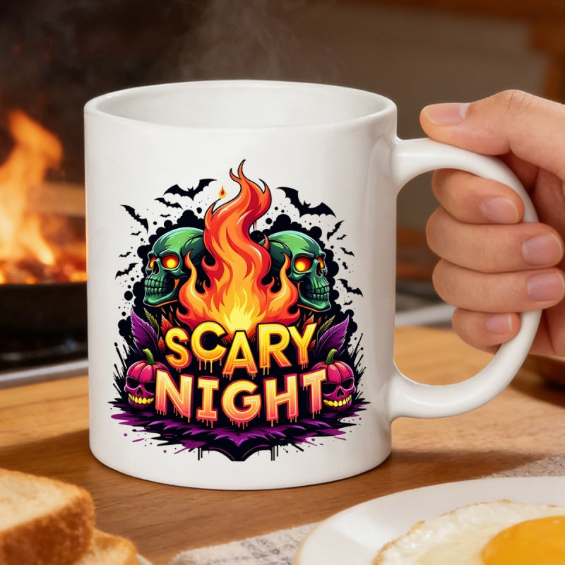 Tailorly White Ceramic 11 oz Mug - Scary Night Green Skulls With Blazing Fire And Flying Bats Among Carved Pumpkins Skull
