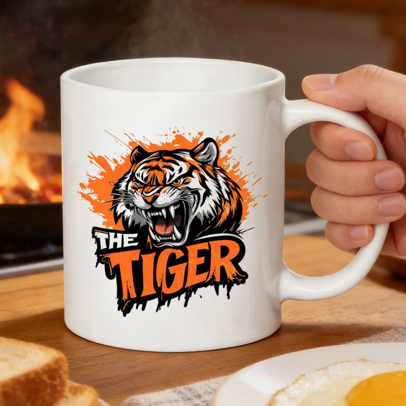 Tailorly White Ceramic 11 oz Mug - The Tiger Fierce Roaring Wild Animal Head Amid Orange Splatter Tiger