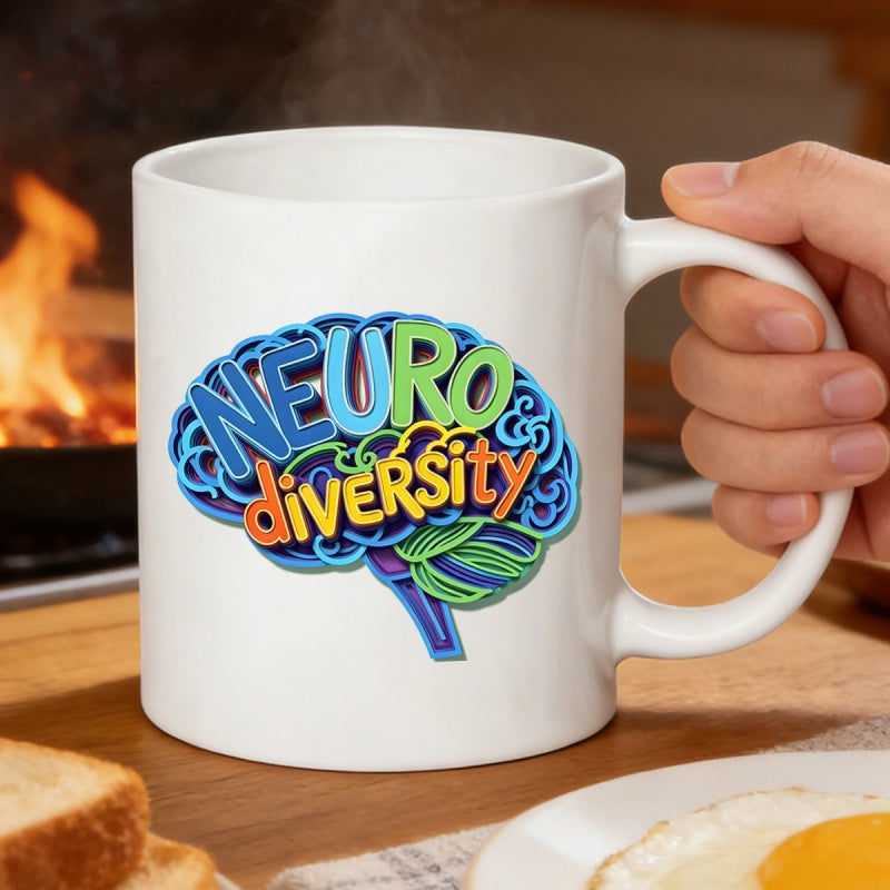 Tailorly White Ceramic 11 oz Mug - Neuro Diversity Colorful Abstract Artistic Anatomical Mind Featuring Swirling Vibrant Rainbow Intricate Patterns Brain