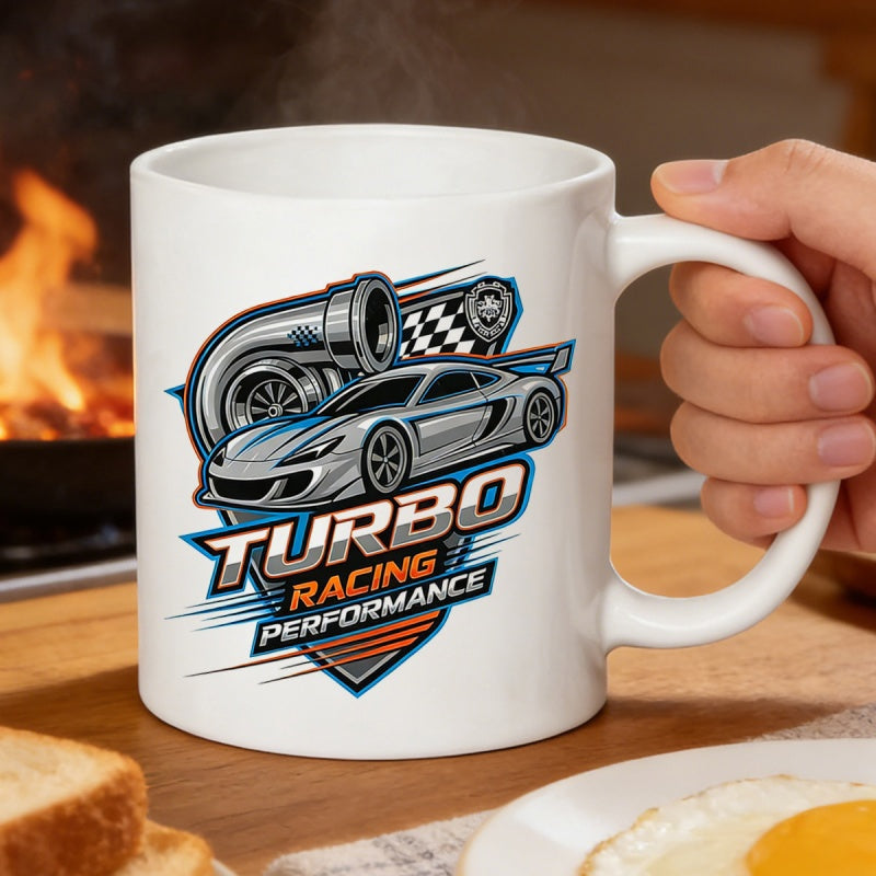 Tailorly White Ceramic 11 oz Mug - Turbo Racing Performance Sleek Grey Sports Car Speeding With Metallic Turbocharger And Checkered Flag Supercar