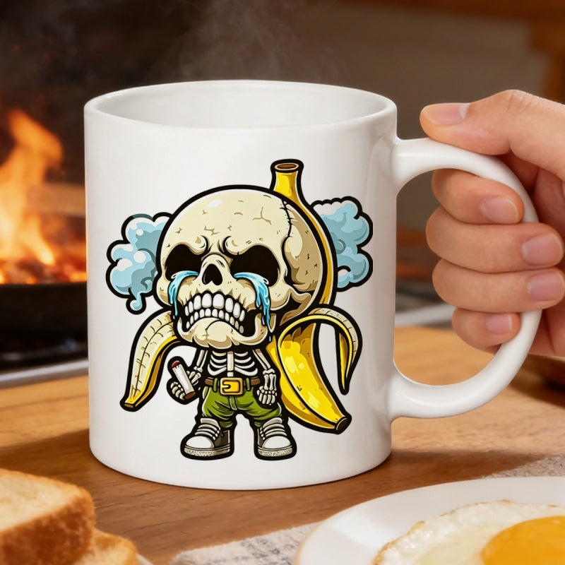 Tailorly White Ceramic 11 oz Mug - Creative Cartoonish Design Emerging From Inside A Peeled Yellow Banana Skeleton