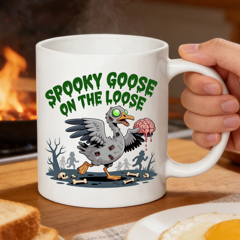 Tailorly White Ceramic 11 oz Mug - Spooky Goose On The Loose Undead Creature Holding A Brain Among Skulls And Silhouettes Goose