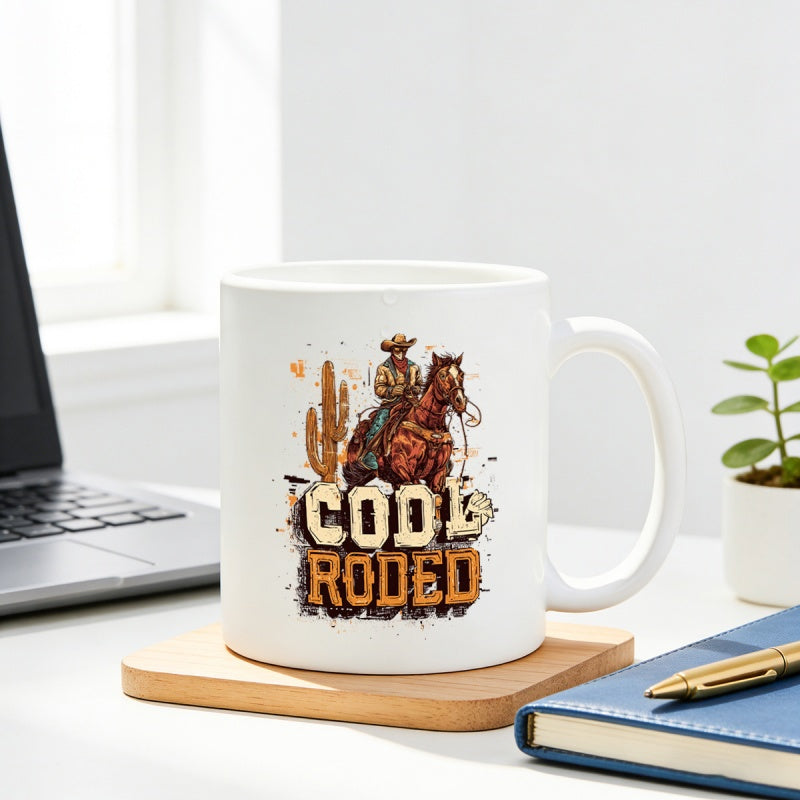 Tailorly White Ceramic 11 oz Mug - Cool Rodeo Distressed Western Desert Scene With Rugged Man On Galloping Horse Cowboy