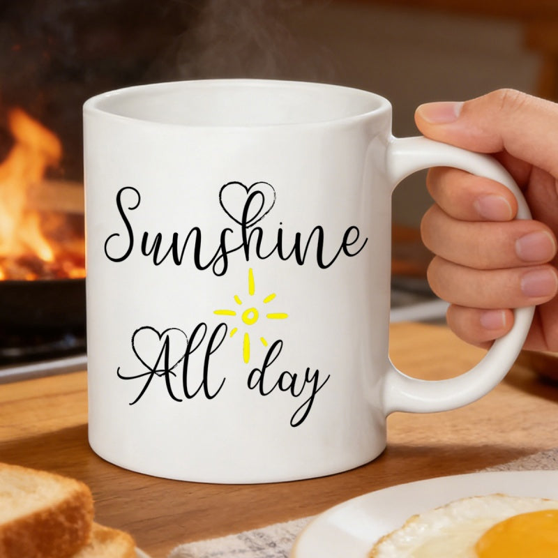 Tailorly White Ceramic 11 oz Mug - Sunshine All Day Minimalist Yellow Hand Drawn Sun With Elegant Cursive Script Mug