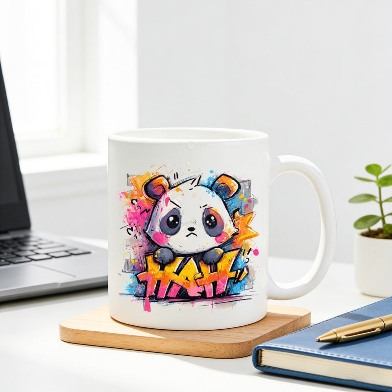 Tailorly White Ceramic 11 oz Mug - Yay Colorful Splattered Ink Art With Artistic Graffiti Paint Drips Grumpy Panda