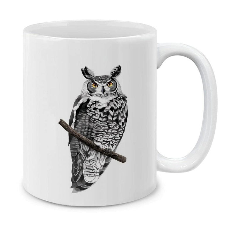 Tailorly White Ceramic 11 oz Mug - Realistic Detailed Feathers Perched Upon A Simple Rustic Wood Branch Owl
