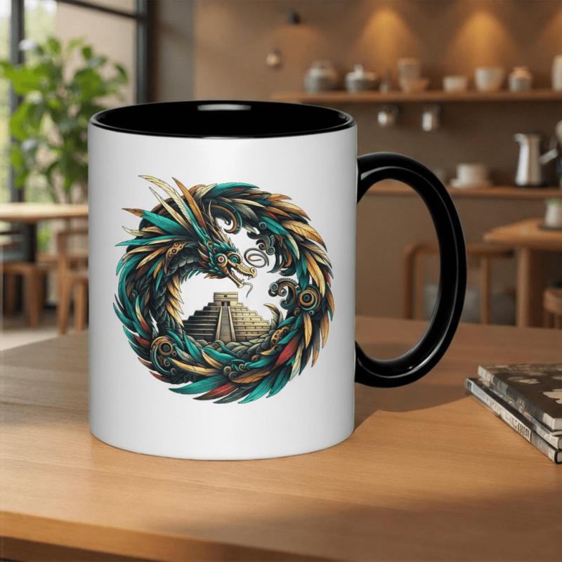 Tailorly Black Accent 11 oz Mug - feathered encircling ancient pyramid symbol of mesoamerican mythology