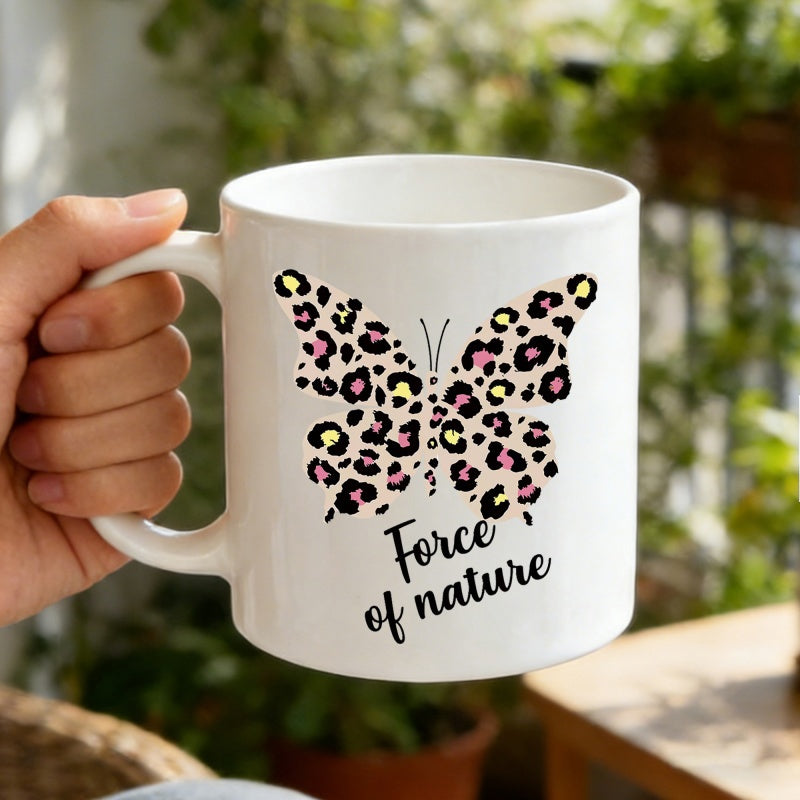 Tailorly White Ceramic 11 oz Mug - Force Of Nature Leopard Patterned Wings Featuring Elegant Pink And Yellow Spots Butterfly