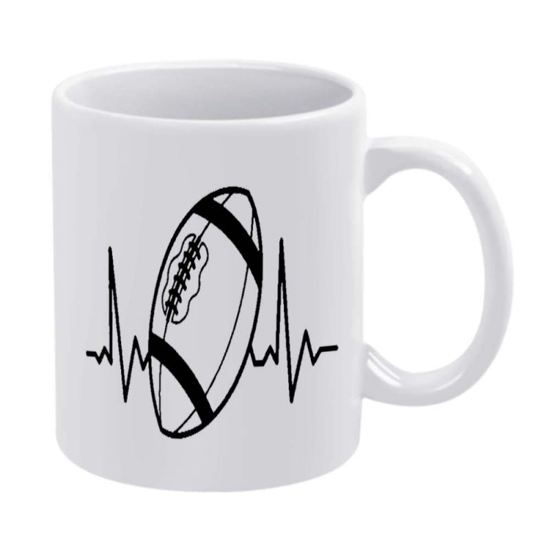 Tailorly White Ceramic 11 oz Mug - Minimalist Black Ink Line Art Pulse With Heartbeat Rhythm Sports Football