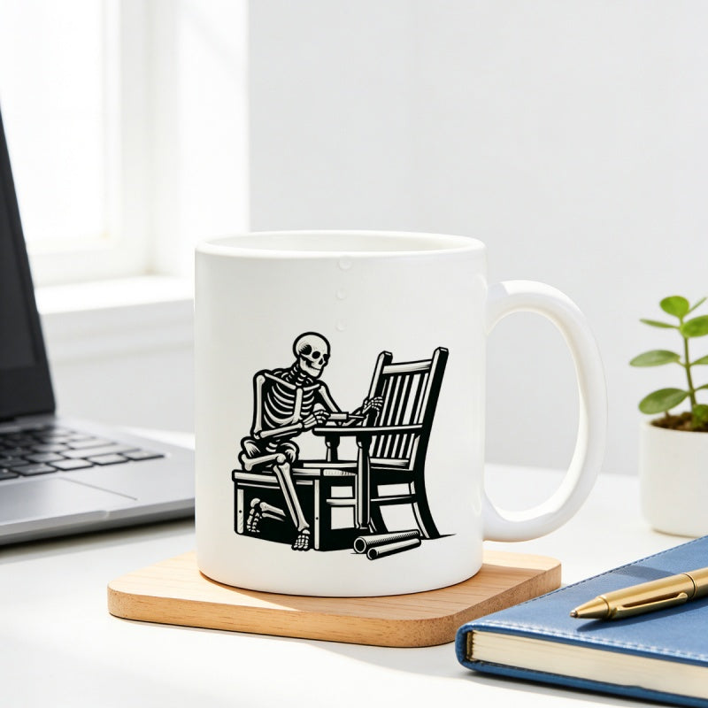 Tailorly White Ceramic 11 oz Mug - Stylized Black And White Skeletal Figure Resting At A Desk Skeleton