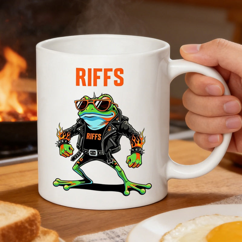 Tailorly White Ceramic 11 oz Mug - Riffs Cool Rocker Character Wearing Leather Jacket With Flame Sleeves And Sunglasses Frog