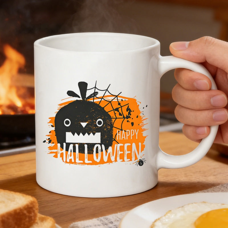 Tailorly White Ceramic 11 oz Mug - Happy Halloween Stylized Black Monster With Spider Web Over Orange Brush Stroke Background Bird