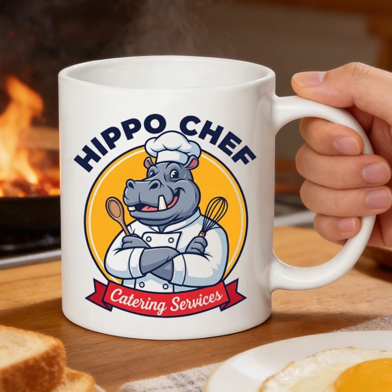 Tailorly White Ceramic 11 oz Mug - Hippo Chef Catering Services Smiling Cartoon Character In White Uniform Holding Cooking Utensils Hippo