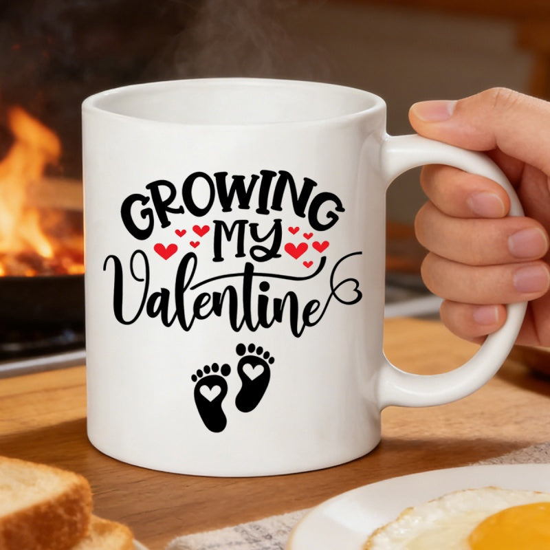 Tailorly White Ceramic 11 oz Mug - Growing My Valentine Adorable Tiny Baby Feet Featuring Small Red Hearts Footprints