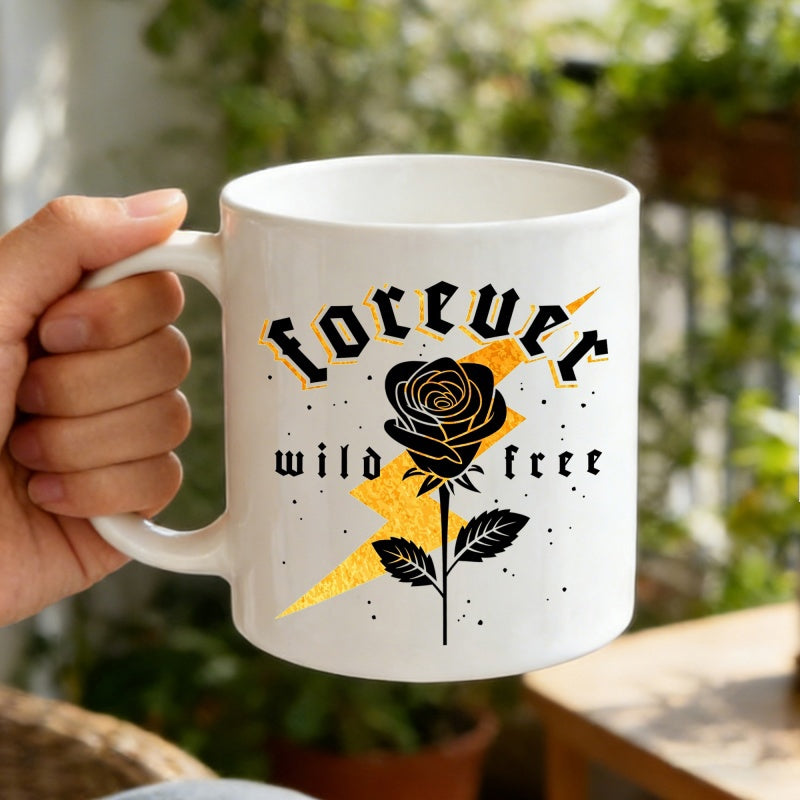Tailorly White Ceramic 11 oz Mug - Forever Wild Free Elegant Black Rose Centered Over Vibrant Yellow Lightning Bolt Backdrop Rose