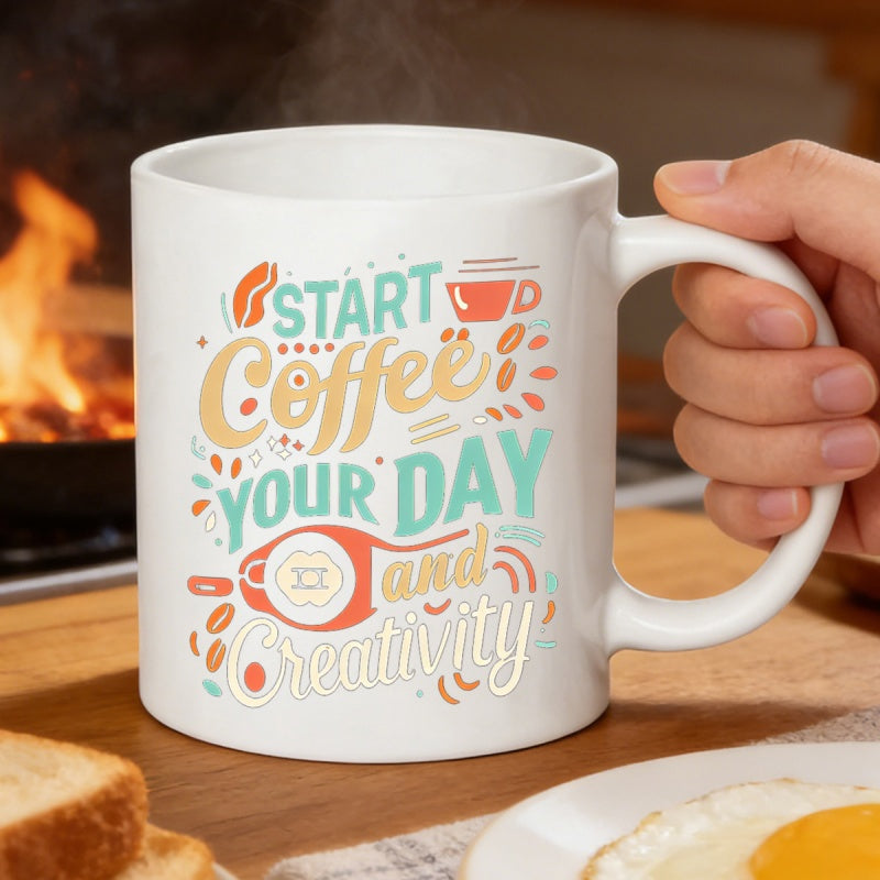 Tailorly White Ceramic 11 oz Mug - Start Your Day Coffee And Creativity Vibrant Artistic Layout With Whimsical Coffee Beans And Steaming Cup Mug