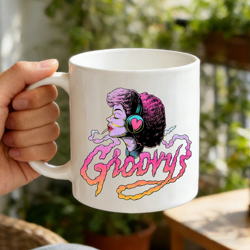 Tailorly White Ceramic 11 oz Mug - Groovy Retro Style Woman Wearing Headphones With Heart Pattern Among Colorful Smoke Girl
