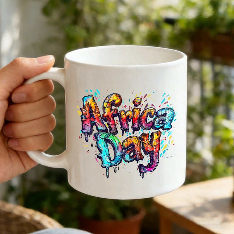 Tailorly White Ceramic 11 oz Mug - Africa Day Vibrant Multi Colored Graffiti Style Letters With Artistic Drip Effects Design